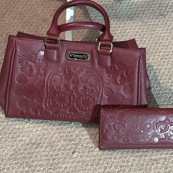 Loungefly Handbags - Loungefly Maroon Sugar Skull Purse & Wallet Set